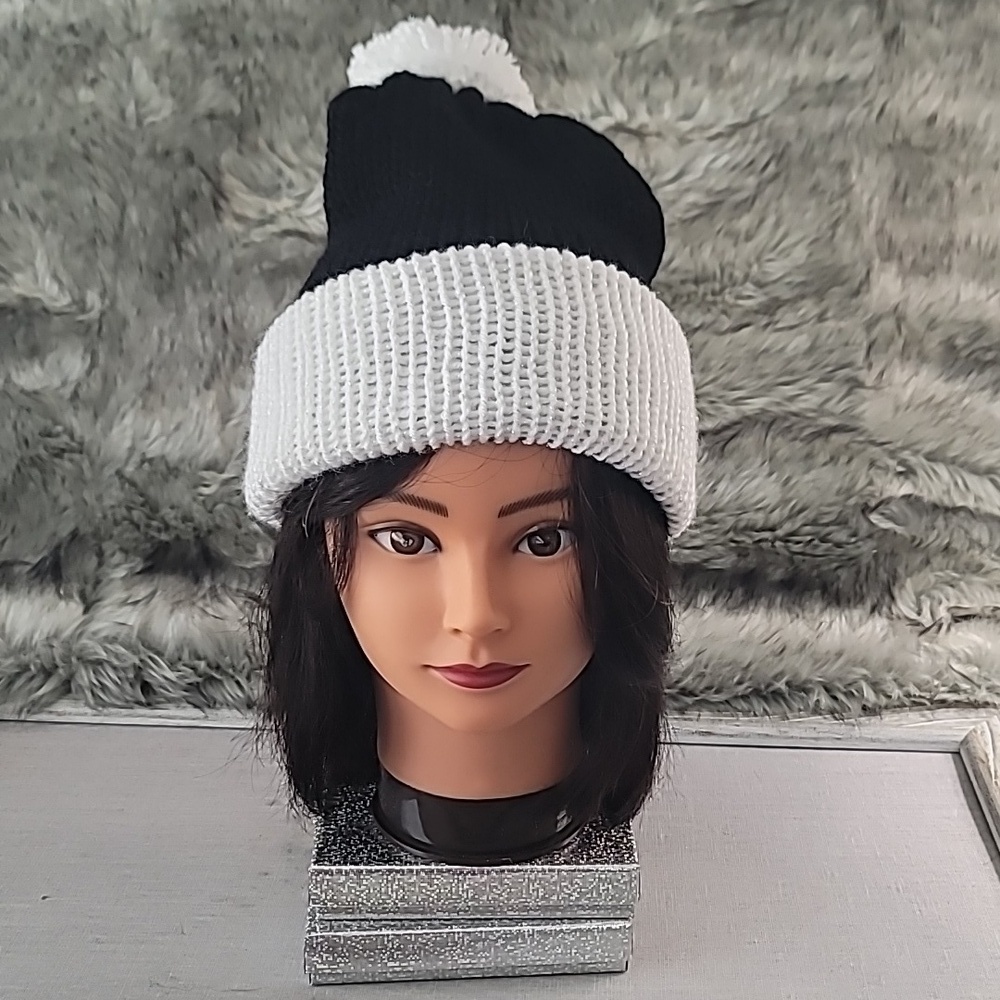 Handmade Woman's Black & White Beanie with pom pom.